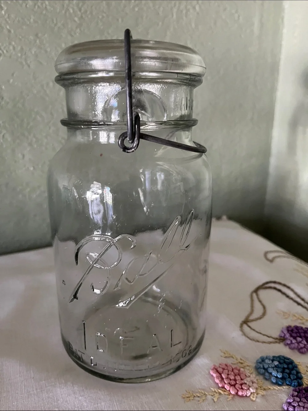 Vintage Ball Glass Canister – “Pat. Pend. 1908” Embossed Ball Logo & Wire Bail